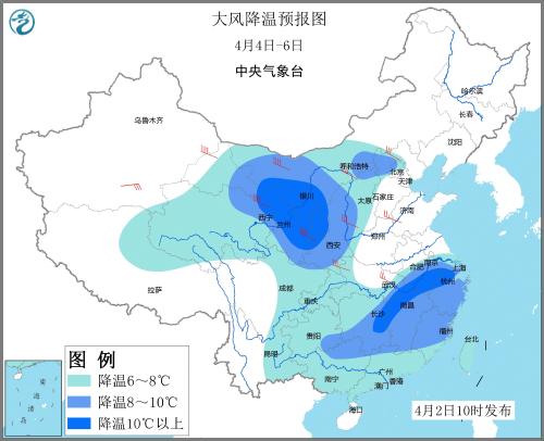 大風(fēng)降溫預(yù)報(bào)圖(4月4日—6日)。圖片來(lái)源：中央氣象臺(tái)