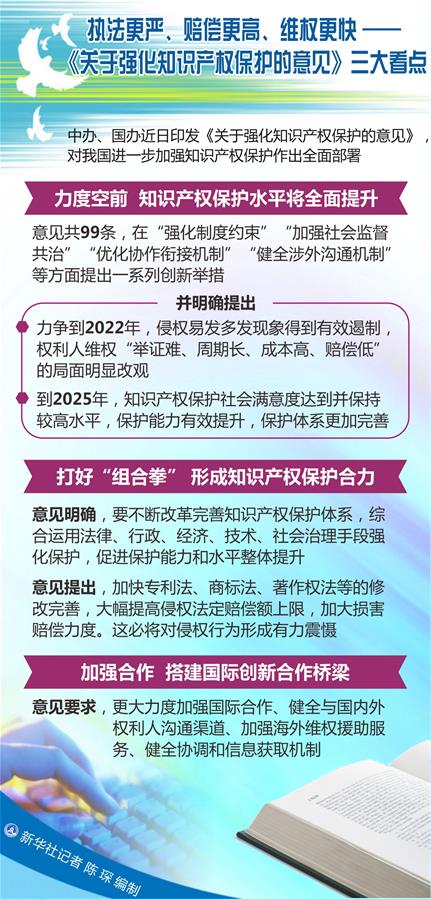 （圖表）[新華調(diào)查]執(zhí)法更嚴(yán)、賠償更高、維權(quán)更快——《關(guān)于強(qiáng)化知識(shí)產(chǎn)權(quán)保護(hù)的意見》三大看點(diǎn)